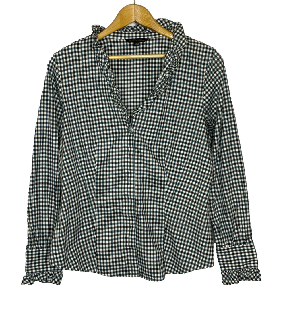 Women's 12 Brooks Brothers Brown Plaid Ruffle Collar Cotton Popover Blouse